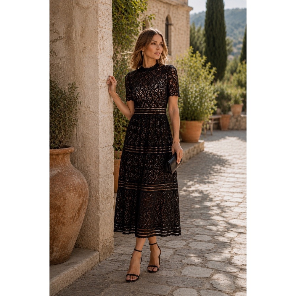 NEW Baltic Born WINDSOR Lace‎ Midi Dress Cocktail Party High Neck Black XS